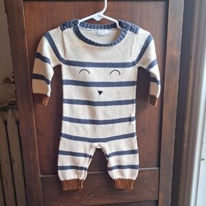 Tun Tun Boys 3-6 Months Beige And Brown Blue Striped Bear Knit Romper